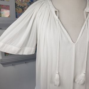 Boston Proper White w/Tassels -Bohemian Bell Sleeves Casual Coastal OVERSIZED XS
